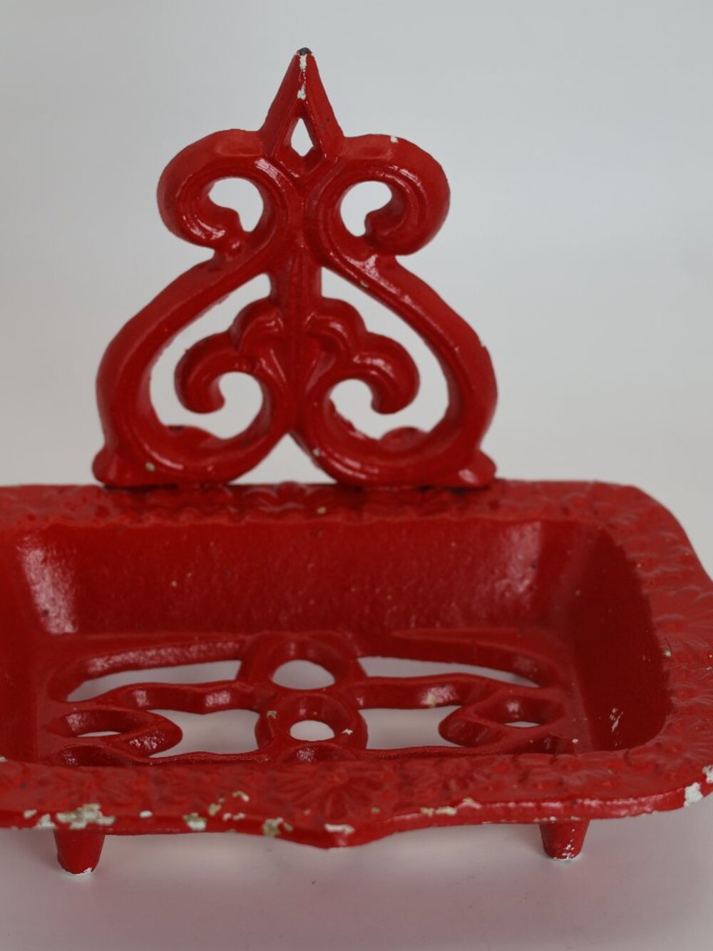 Vintage Ornate Red Cast Iron Footed Soap Dish Holder